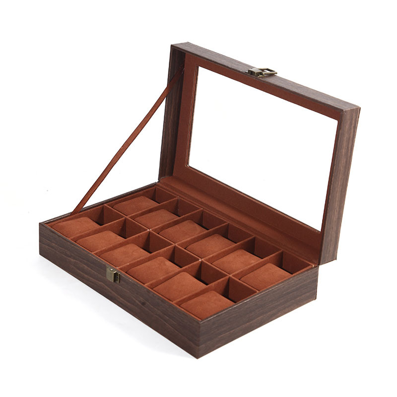 Light Bunch Κουτί Ρολογιών από Δέρμα με Ξύλινο Φινίρισμα, 12 Θέσεων, Με Παράθυρο, Για Μηχανικά Ρολόγια, Διακοσμητικό Κοσμηματοθήκη
