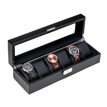 Κουτί ρολογιών με δέρμα σε μοτίβο ανθρακονήματος και γυάλινο παράθυρο, κλειδωμένη εκθεσιακή θήκη για μηχανικά ρολόγια και κοσμήματα (Μάρκα: Meiya Pie; Συσκευασία: 12 τεμάχια; Λογότυπο: Ναι; Παραμετροποίηση: Ναι; Προέλευση: Guangdong)