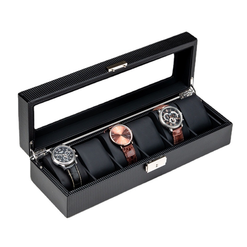 Κουτί ρολογιών με δέρμα σε μοτίβο ανθρακονήματος και γυάλινο παράθυρο, κλειδωμένη εκθεσιακή θήκη για μηχανικά ρολόγια και κοσμήματα (Μάρκα: Meiya Pie; Συσκευασία: 12 τεμάχια; Λογότυπο: Ναι; Παραμετροποίηση: Ναι; Προέλευση: Guangdong)