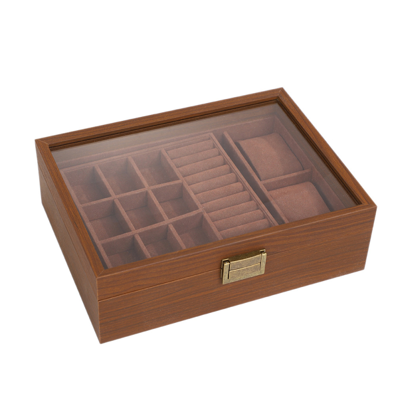 Drvena kutija za pohranu satova i nakita, dvostruki sloj s uzorkom oraha, prozor za pregled, zaštita od prašine uz zaključavanje, veliki model
