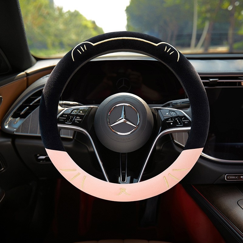 Husă de volan pentru mașină, broderie cu pisică, pentru toate sezoanele, pluș sintetic, cusută la mașină, potrivire universală