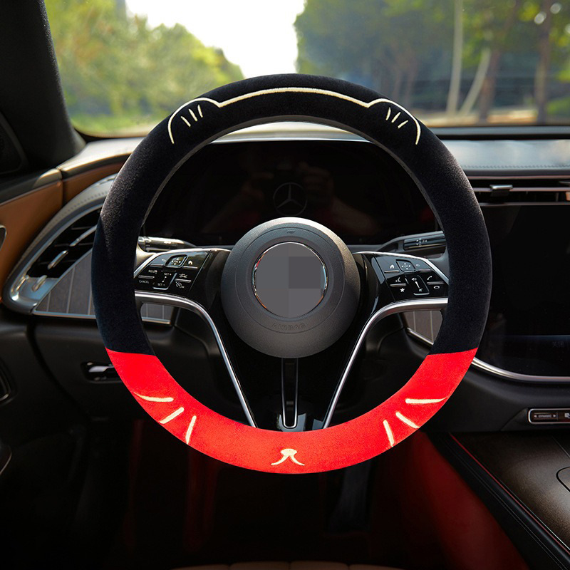 Husă de volan pentru mașină, broderie cu pisică, pentru toate sezoanele, pluș sintetic, cusută la mașină, potrivire universală