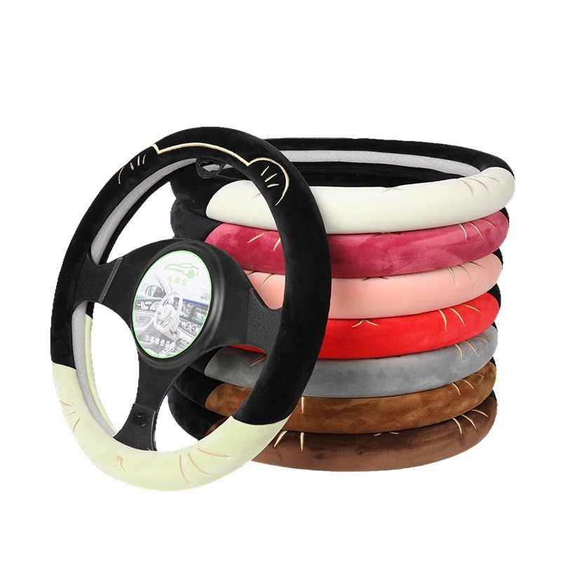 Husă de volan pentru mașină, broderie cu pisică, pentru toate sezoanele, pluș sintetic, cusută la mașină, potrivire universală