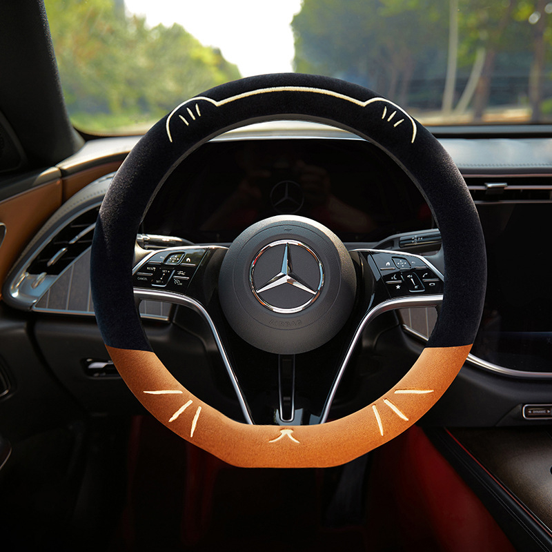 Husă de volan pentru mașină, broderie cu pisică, pentru toate sezoanele, pluș sintetic, cusută la mașină, potrivire universală