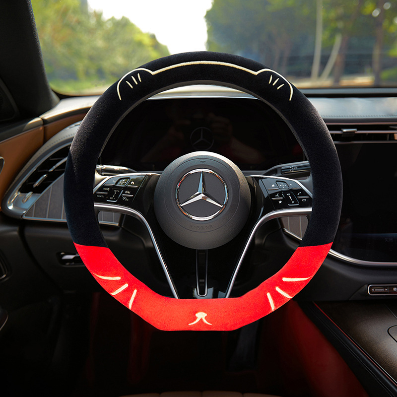 Husă de volan pentru mașină, broderie cu pisică, pentru toate sezoanele, pluș sintetic, cusută la mașină, potrivire universală