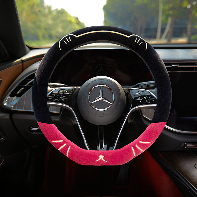 Husă de volan pentru mașină, broderie cu pisică, pentru toate sezoanele, pluș sintetic, cusută la mașină, potrivire universală