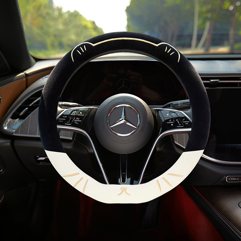 Husă de volan pentru mașină, broderie cu pisică, pentru toate sezoanele, pluș sintetic, cusută la mașină, potrivire universală