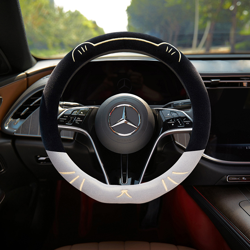 Husă de volan pentru mașină, broderie cu pisică, pentru toate sezoanele, pluș sintetic, cusută la mașină, potrivire universală