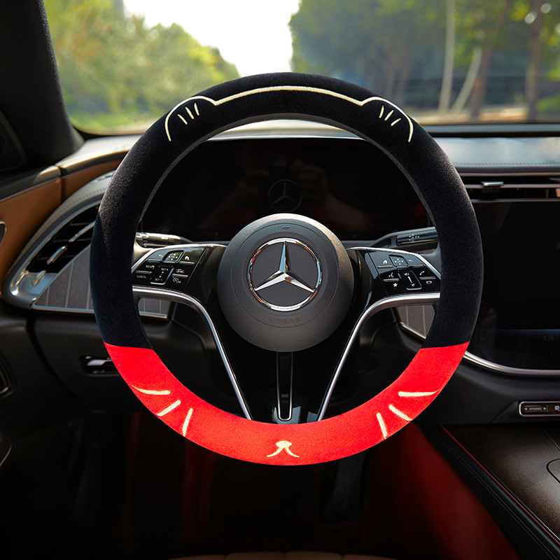 Husă de volan pentru mașină, broderie cu pisică, pentru toate sezoanele, pluș sintetic, cusută la mașină, potrivire universală