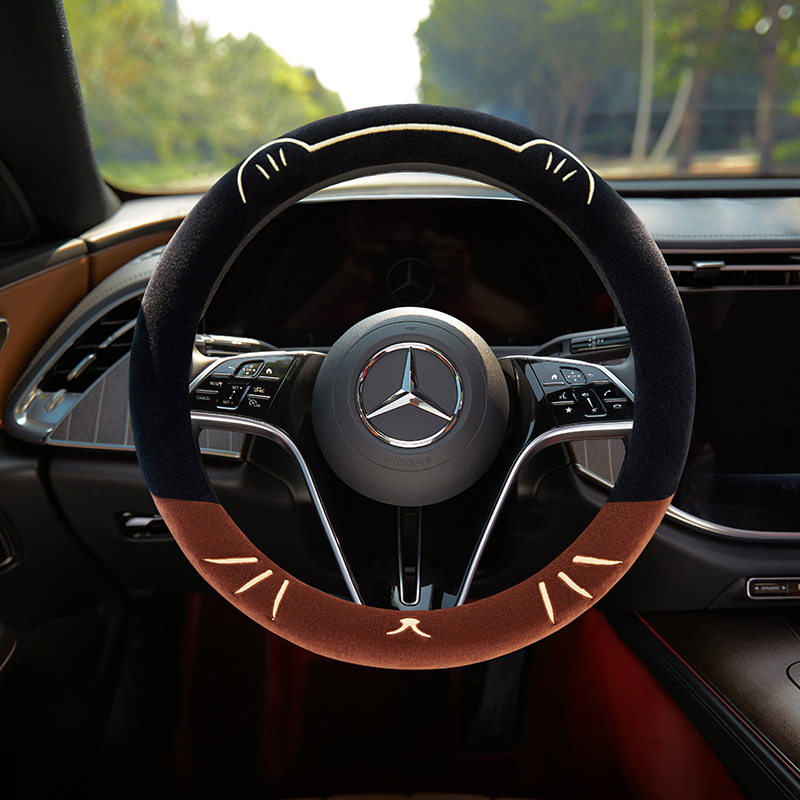 Husă de volan pentru mașină, broderie cu pisică, pentru toate sezoanele, pluș sintetic, cusută la mașină, potrivire universală