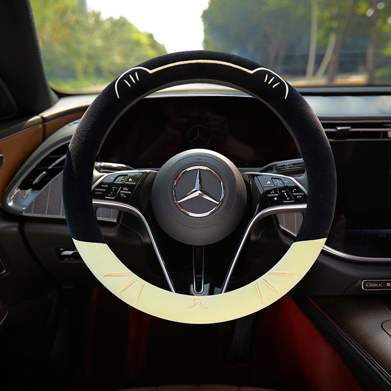 Husă de volan pentru mașină, broderie cu pisică, pentru toate sezoanele, pluș sintetic, cusută la mașină, potrivire universală