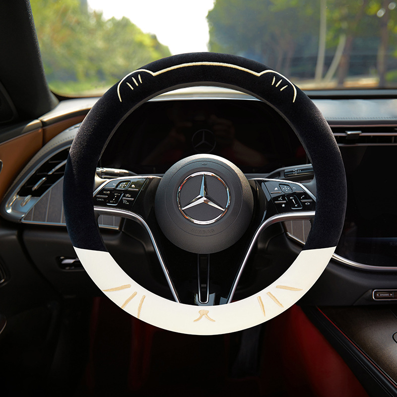 Husă de volan pentru mașină, broderie cu pisică, pentru toate sezoanele, pluș sintetic, cusută la mașină, potrivire universală