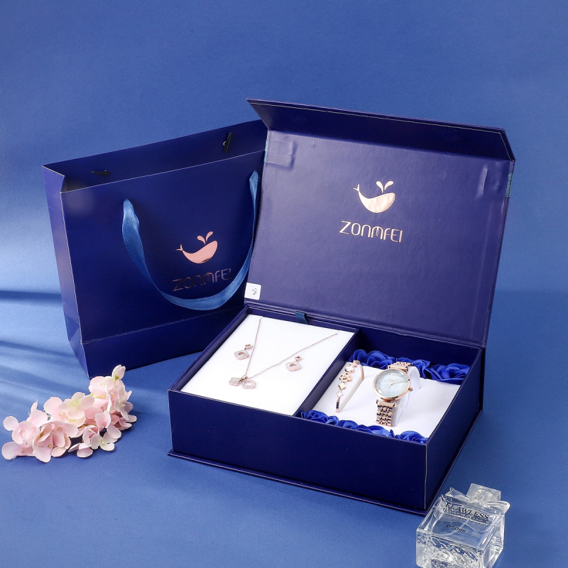 Kutija za poklon za Valentinovo s luksuznim ružičastim satom i nakitom, ružičasto plava set, otisnuti logotip, prilagodba, licencirana privatna oznaka, branda Zhen Charm Princess, paket 100