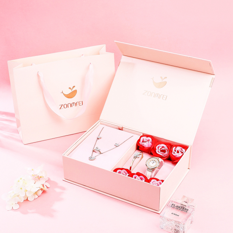 Kutija za poklon za Valentinovo s luksuznim ružičastim satom i nakitom, ružičasto plava set, otisnuti logotip, prilagodba, licencirana privatna oznaka, branda Zhen Charm Princess, paket 100