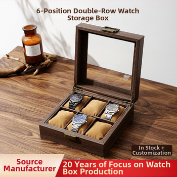 Cutie de depozitare pentru ceasuri din piele PU cu aspect lemn, 6 poziții, model M.w.-006, cutie de ambalare