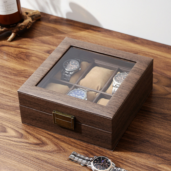 Cutie de depozitare pentru ceasuri din piele PU cu aspect lemn, 6 poziții, model M.w.-006, cutie de ambalare