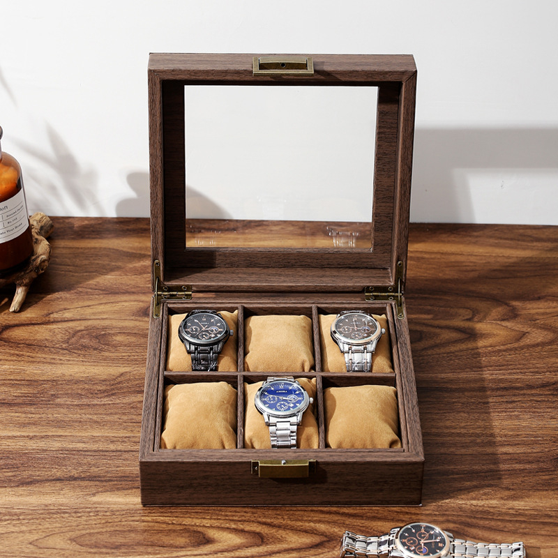 Cutie de depozitare pentru ceasuri din piele PU cu aspect lemn, 6 poziții, model M.w.-006, cutie de ambalare