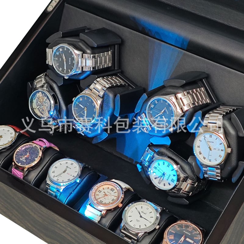 Casetă pentru învârtirea ceasurilor automate mecanice, din MDF, finisaj lucios, 6 poziții pentru ceasuri și 6 compartimente de depozitare.