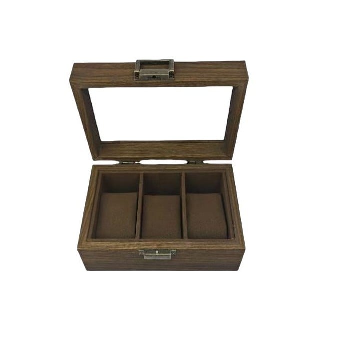 Cutie pentru ceasuri antice, cu trei compartimente, finisaj cu textură de lemn și capac de sticlă; materiale: placă de densitate + PVC + flanelă + sticlă