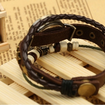 Brățară din piele cu ceas electronic, pandantiv din mărgele în formă de stea de mare — timp mondial, mișcare cuarț, cadran rotund, curea din piele naturală, unisex