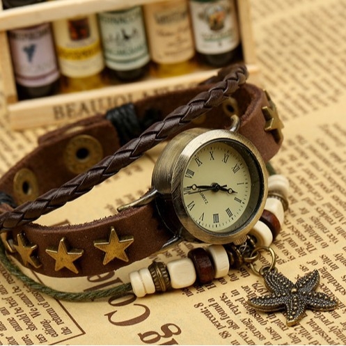 Brățară din piele cu ceas electronic, pandantiv din mărgele în formă de stea de mare — timp mondial, mișcare cuarț, cadran rotund, curea din piele naturală, unisex