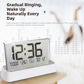 Ceas deșteptător cu afișaj LCD, termometru, umiditate, calendar; mecanism electronic pe bază de baterii.
