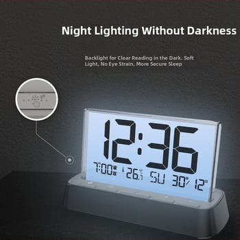 Ceas deșteptător cu afișaj LCD, termometru, umiditate, calendar; mecanism electronic pe bază de baterii.