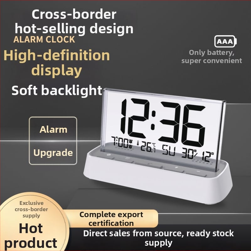 Ceas deșteptător cu afișaj LCD, termometru, umiditate, calendar; mecanism electronic pe bază de baterii.