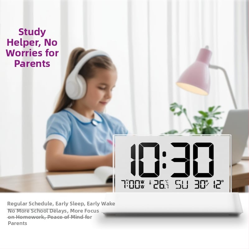 Ceas deșteptător cu afișaj LCD, termometru, umiditate, calendar; mecanism electronic pe bază de baterii.