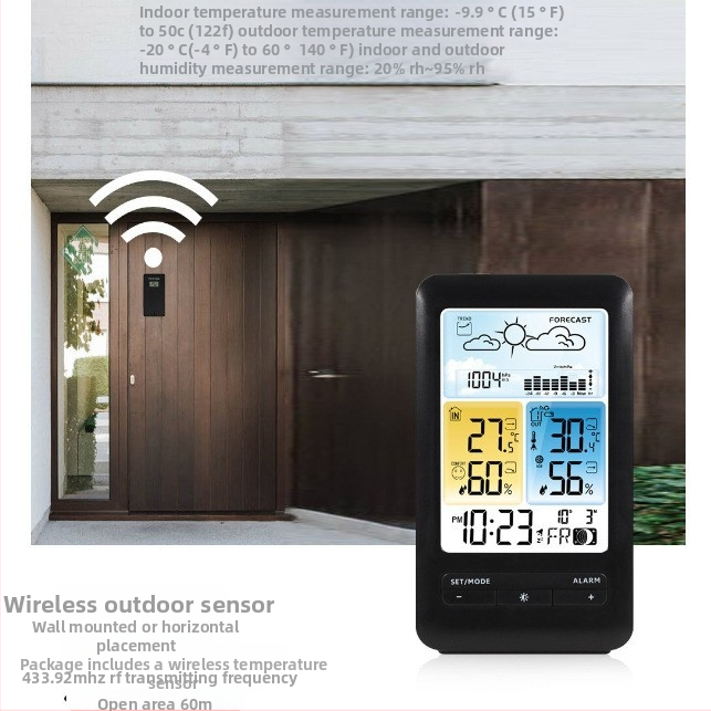 Budík so meraním teploty a vlhkosti vo vnútri aj vo vonkajšom prostredí, predpoveď počasia, večný kalendár, fázy mesiaca, LCD displej