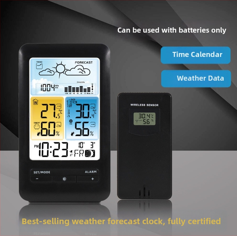 Budík so meraním teploty a vlhkosti vo vnútri aj vo vonkajšom prostredí, predpoveď počasia, večný kalendár, fázy mesiaca, LCD displej