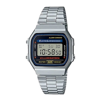 Ceas electronic cu afișaj numeric, rezistență la apă 30 m, curea din oțel inoxidabil, cadran dreptunghiular.
