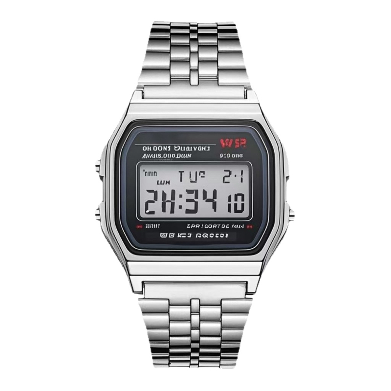Ceas electronic cu afișaj numeric, rezistență la apă 30 m, curea din oțel inoxidabil, cadran dreptunghiular.