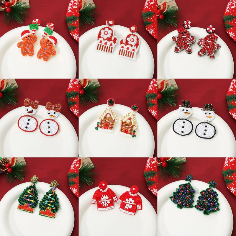 Cercei geometrici, realizați manual din fetru și mărgele de orez (Realizați manual, Material: fetru + mărgele de orez, Formă: geometrică, Știfturi: oțel inoxidabil, Stil: proaspăt și dulce)