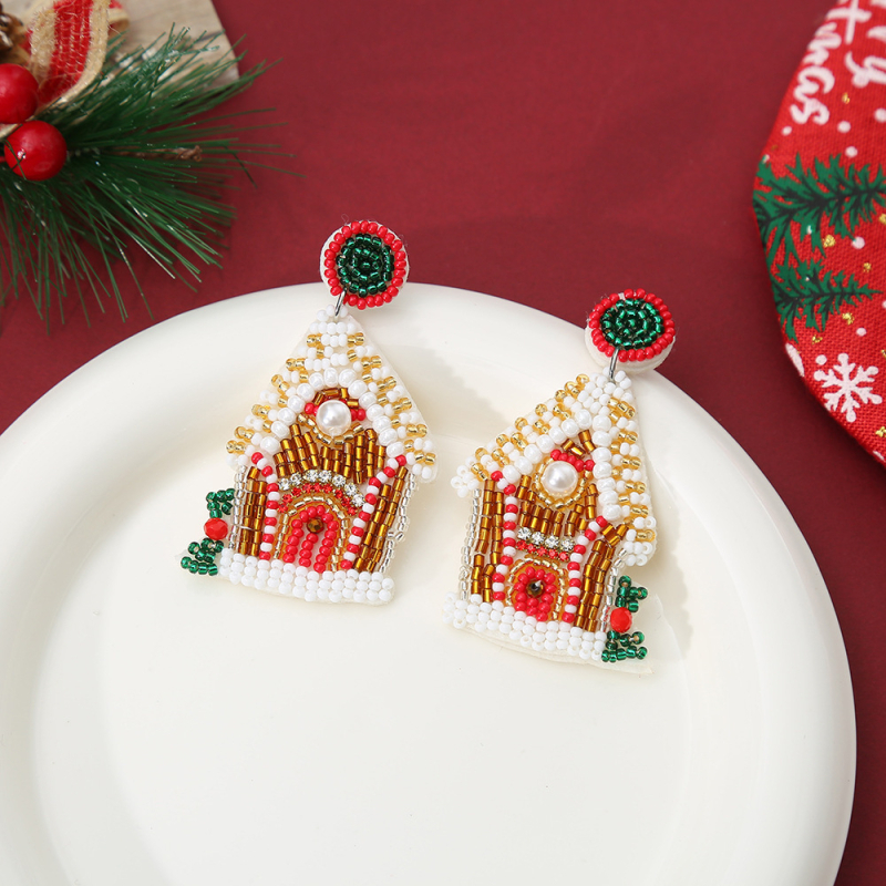 Cercei geometrici, realizați manual din fetru și mărgele de orez (Realizați manual, Material: fetru + mărgele de orez, Formă: geometrică, Știfturi: oțel inoxidabil, Stil: proaspăt și dulce)