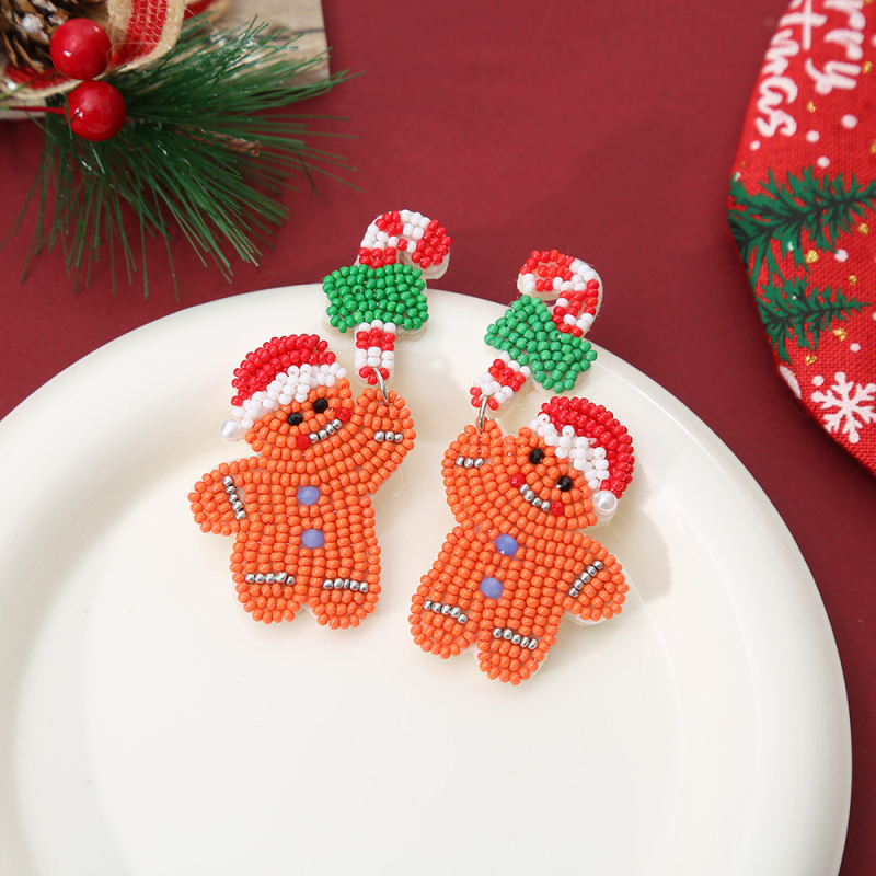 Cercei geometrici, realizați manual din fetru și mărgele de orez (Realizați manual, Material: fetru + mărgele de orez, Formă: geometrică, Știfturi: oțel inoxidabil, Stil: proaspăt și dulce)