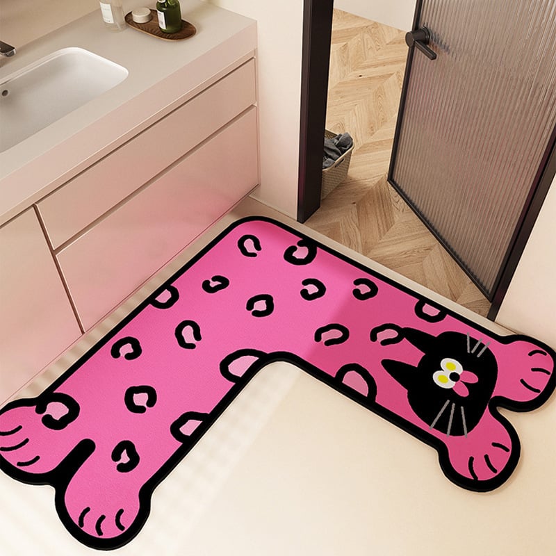 Covor de baie în formă de L, absorbant, anti-alunecare, cu model animale desen animate, lavabil