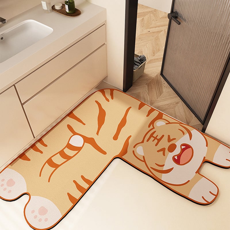 Covor de baie în formă de L, absorbant, anti-alunecare, cu model animale desen animate, lavabil