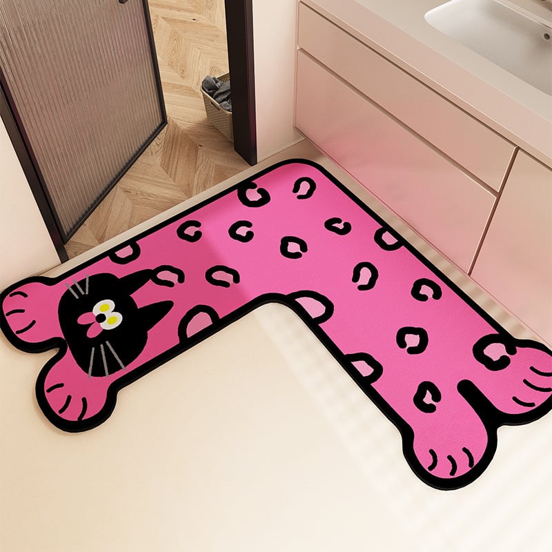 Covor de baie în formă de L, absorbant, anti-alunecare, cu model animale desen animate, lavabil