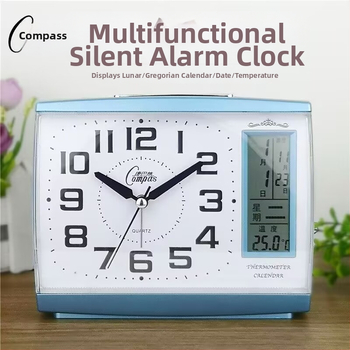 Tichý budík s večným kalendárom, nočným svetlom, teplomerom a funkciou odkladania budíka — budík na nočný stolík