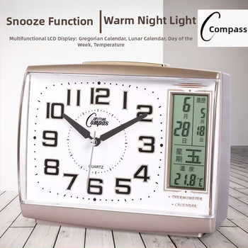 Tichý budík s večným kalendárom, nočným svetlom, teplomerom a funkciou odkladania budíka — budík na nočný stolík