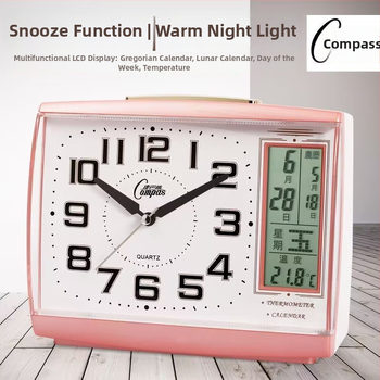 Tichý budík s večným kalendárom, nočným svetlom, teplomerom a funkciou odkladania budíka — budík na nočný stolík