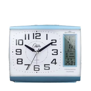 Tichý budík s večným kalendárom, nočným svetlom, teplomerom a funkciou odkladania budíka — budík na nočný stolík