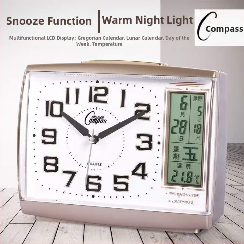 Tichý budík s večným kalendárom, nočným svetlom, teplomerom a funkciou odkladania budíka — budík na nočný stolík