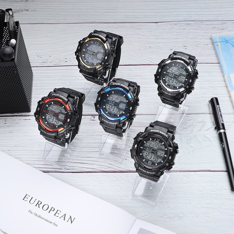 Viacfunkčné elektronické hodinky pre vonkajšie športy – elektronický pohon, číslicový displej, 20 m vodotesnosť, puzdro ABS-TPU, remienok TPU