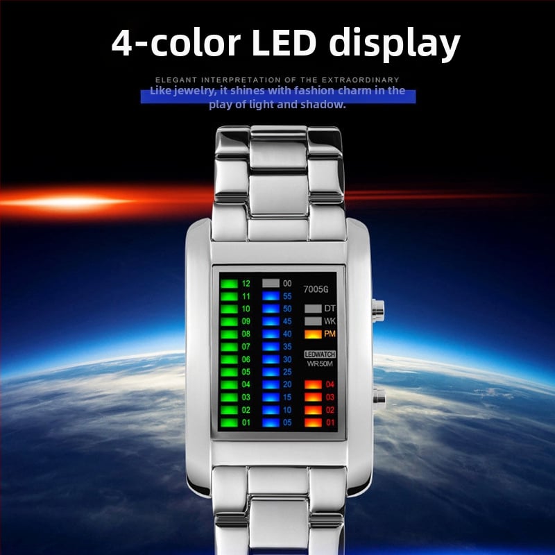 Ceas LED binar cu afișaj LED, mișcare electronică 7005, rezistență la apă 50 m, cadran pătrat, carcasă din plastic