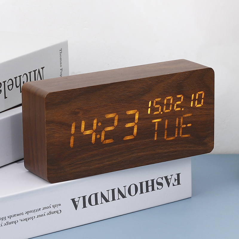 Ceas de alarmă cu afișaj LED numeric, carcasă din lemn, luminos, termometru și calendar perpetuu