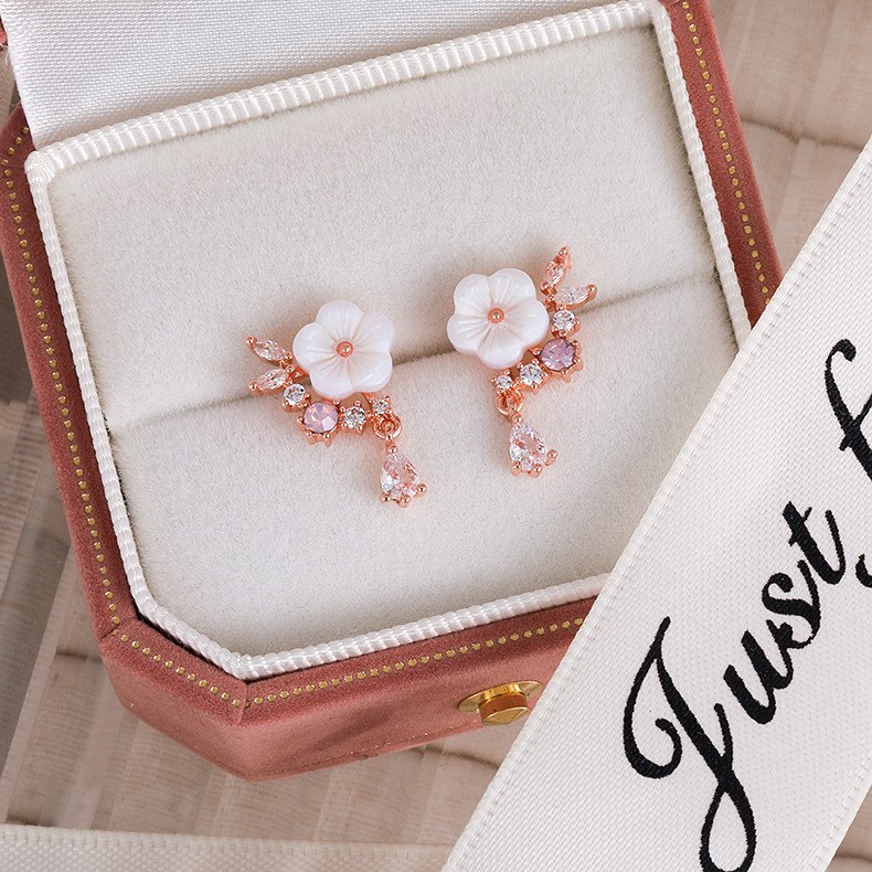 Naušnice s cvjetnim dizajnom, mikropavé cirkon, bakar, korejski stil