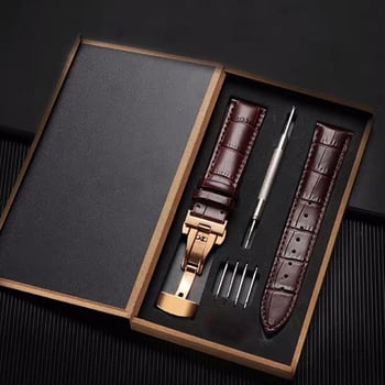 Rongye Strap curea de ceas din piele naturală, primul strat, textură bambus, cataramă fluture cu apăsare dublă