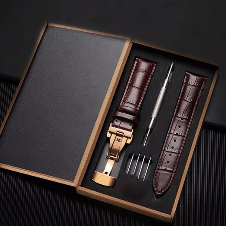 Rongye Strap curea de ceas din piele naturală, primul strat, textură bambus, cataramă fluture cu apăsare dublă